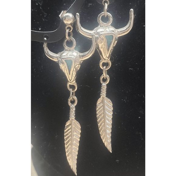 SouthWestern Pewter Turquoise Earrings Jewelry - SouthWestern Pewter & Turquoise Blue Mosaic Inlay Chips Sm. Skull Head W/Upturne